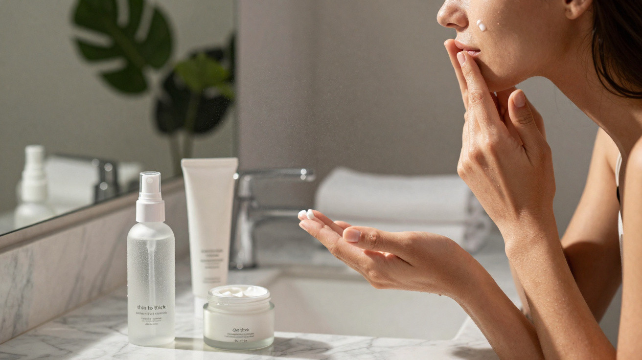 Mulher a aplicar creme hidratante no rosto junto a produtos de cuidados de pele num lavatório.