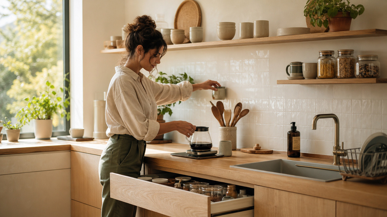 Mulher a preparar café numa cozinha luminosa com armários e prateleiras em madeira clara.