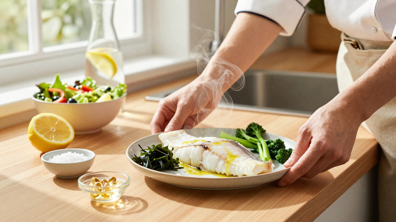 Pessoa a colocar prato com peixe cozinhado, legumes e salada numa bancada de cozinha iluminada.
