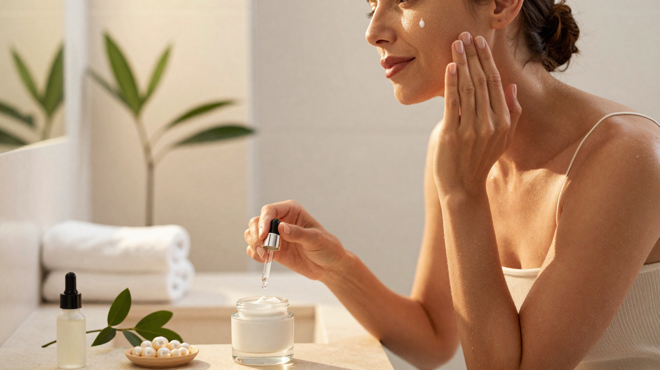 Mulher aplica soro facial no rosto em ambiente de casa com toalhas e plantas em fundo claro.