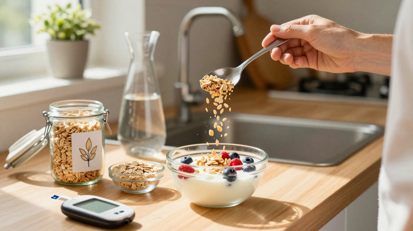Mão a colocar flocos de aveia numa taça com iogurte e frutos vermelhos numa cozinha luminosa.