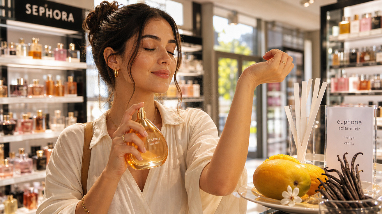 Mulher perfumando o pulso numa loja Sephora, rodeada de perfumes e frutas decorativas.