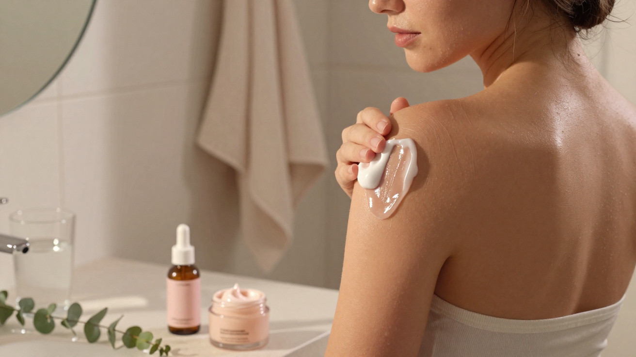 Mulher aplica creme hidratante no ombro num ambiente de casa de banho com produtos de cuidados da pele na bancada.