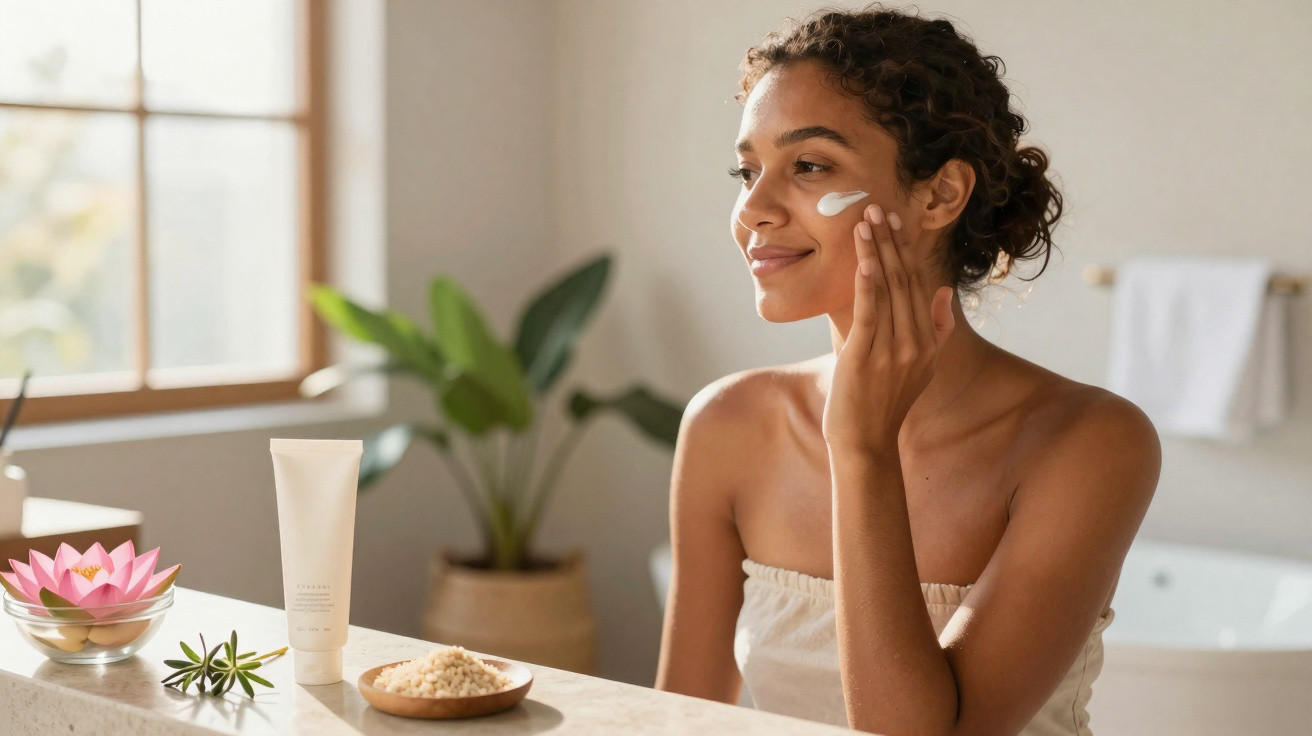 Mulher a aplicar creme facial num ambiente luminoso de casa de banho com plantas decorativas.