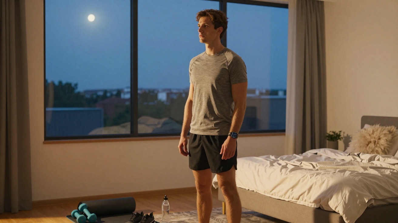 Homem de treino em roupa desportiva, numa sala, com janela grande e lua visível à noite.