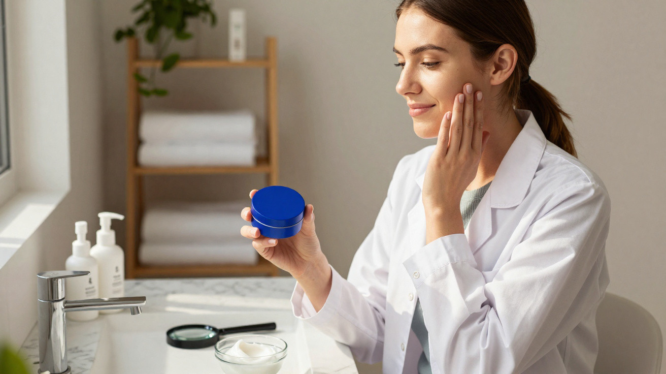 Mulher em bata branca aplicando creme facial e segurando recipiente azul num ambiente de casa de banho.