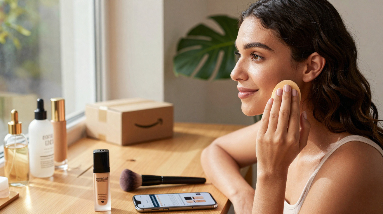 Mulher a aplicar maquilhagem com esponja, sentada numa mesa com produtos de beleza e smartphone.