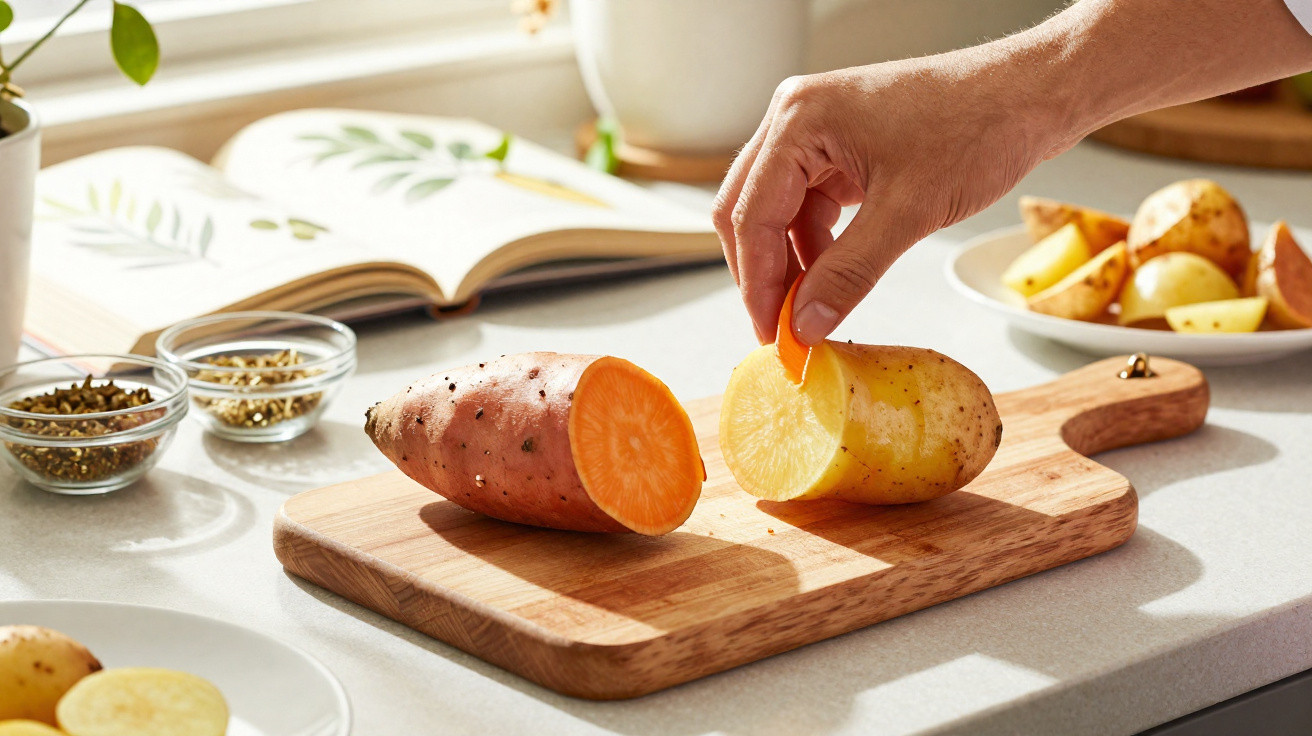 Mão a segurar uma fatia de batata em cima de tábua de cortar com batata-doce e batata tradicional cortadas.