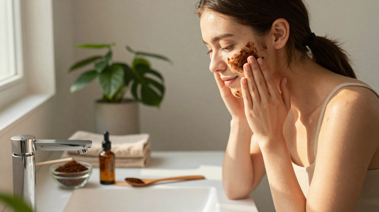 Mulher a aplicar esfoliante facial caseiro no rosto junto a pia num ambiente luminoso e natural.