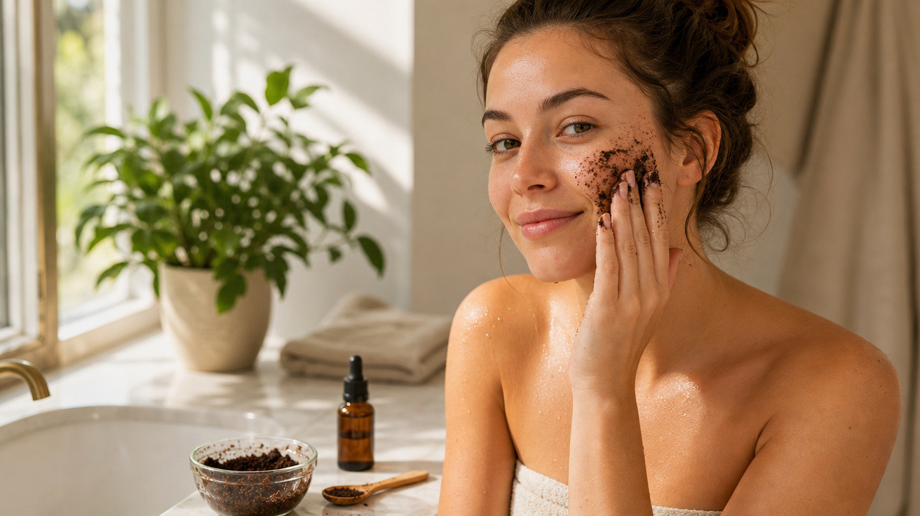 Mulher a aplicar esfoliante facial caseiro em casa, sorrindo, com planta e produtos no fundo.