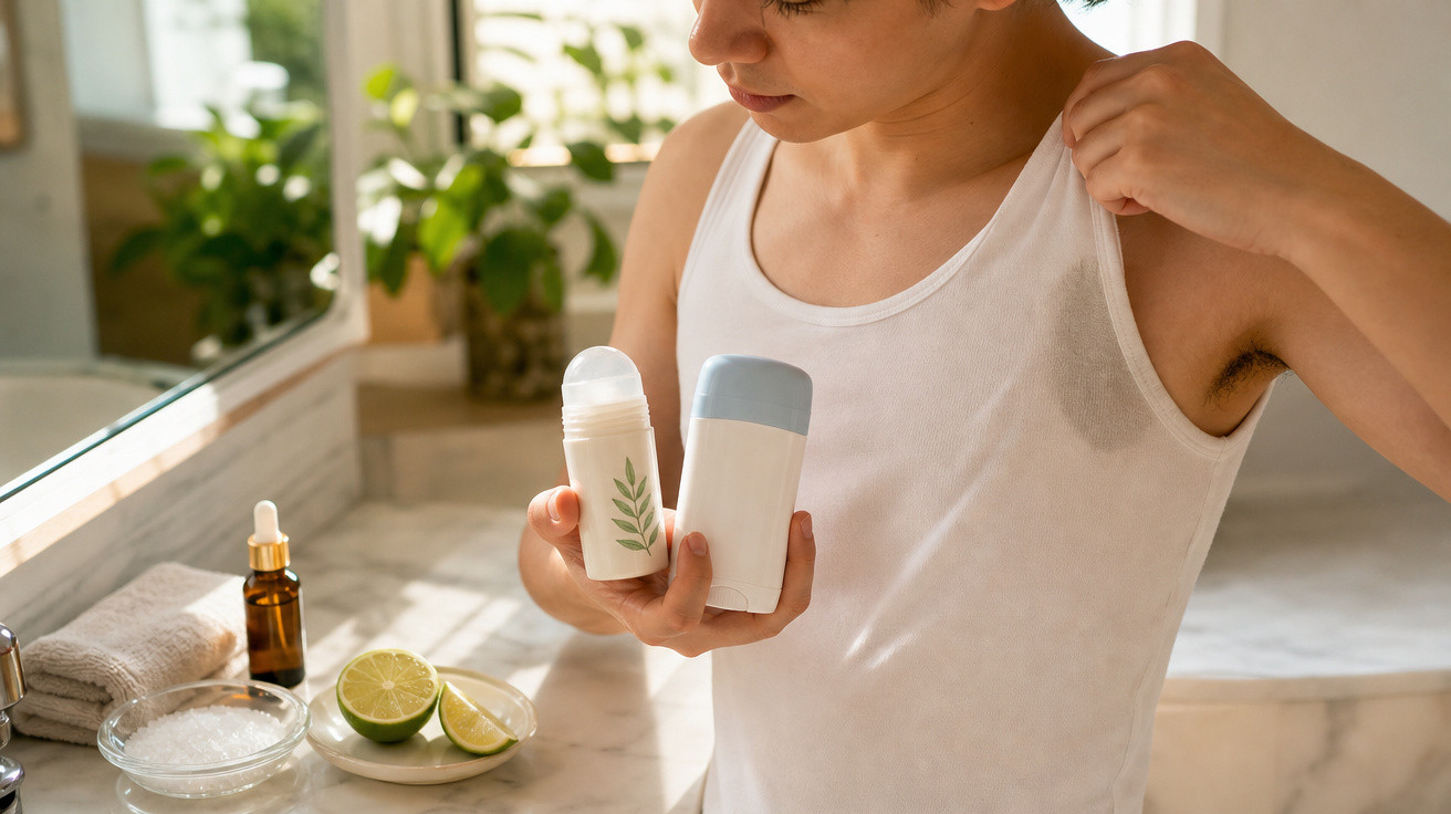 Pessoa a aplicar desodorizante na axila num ambiente de casa de banho com produtos naturais na bancada.