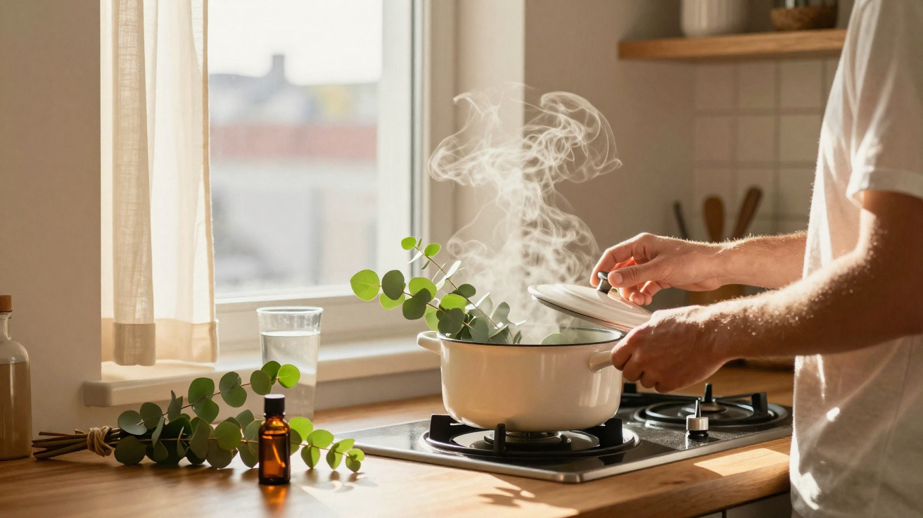Pessoa a levantar tampa de panela com vapor e ramos de folhas verdes na cozinha iluminada pelo sol.