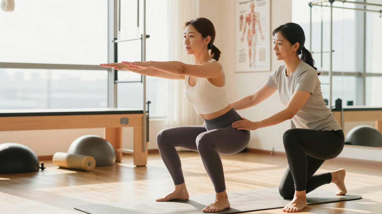 Mulher a fazer agachamento com ajuda de instrutora numa sala de yoga iluminada.