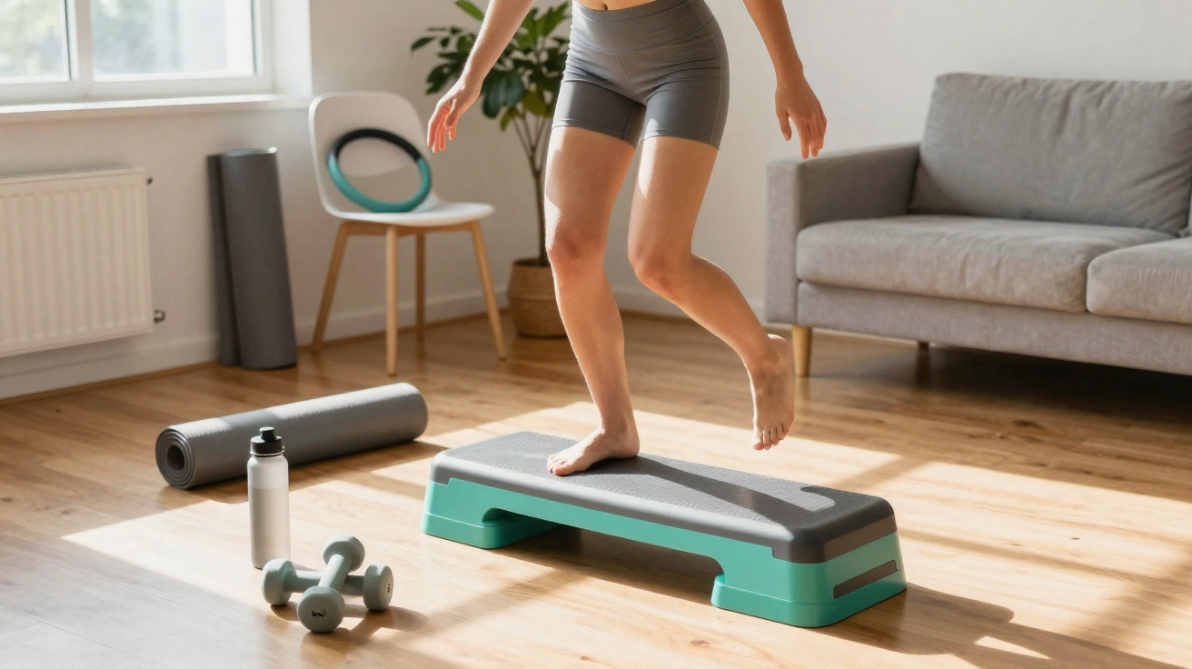 Pessoa a fazer exercício físico com step no chão de madeira numa sala iluminada.