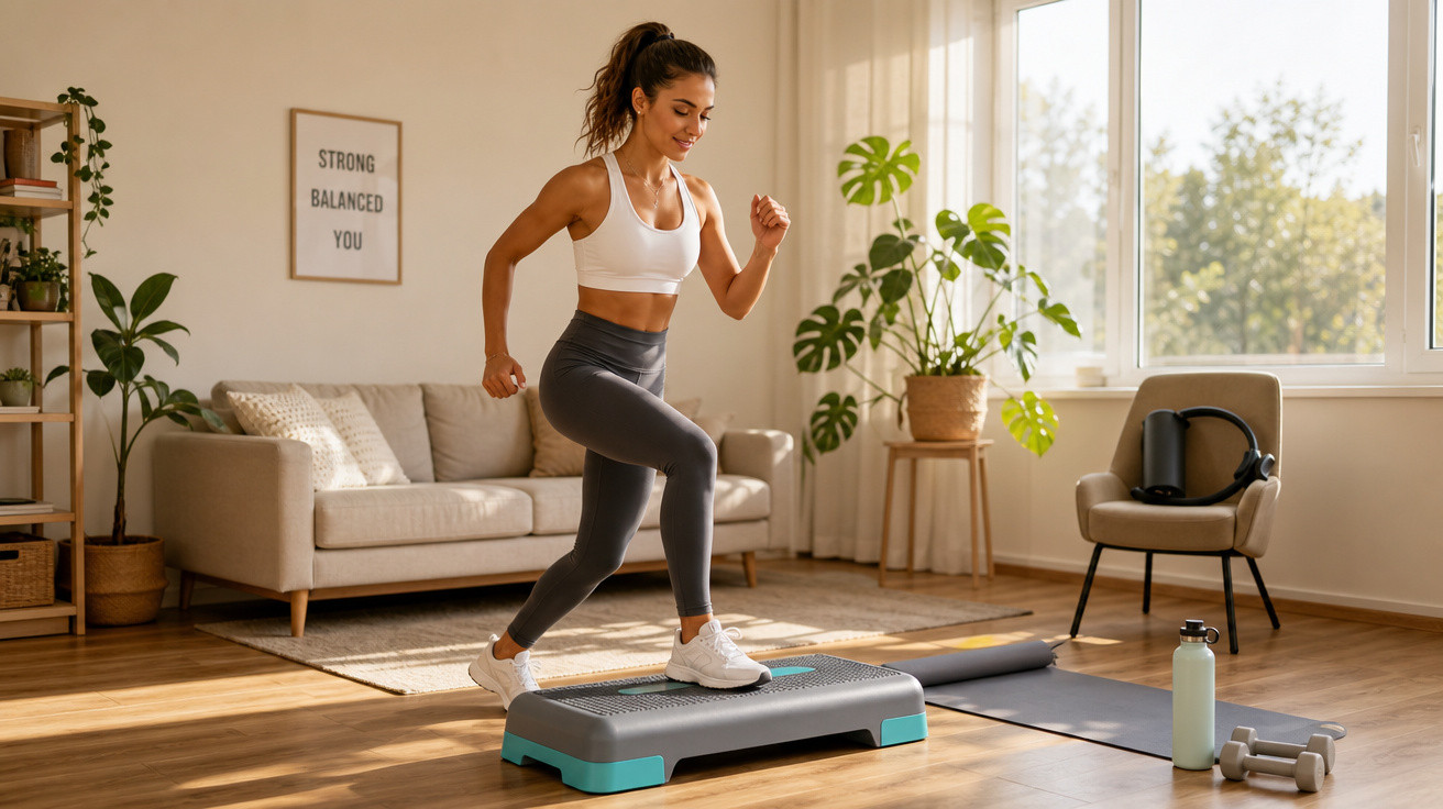 Mulher a fazer exercício de step em sala iluminada, com tapete, halteres e garrafa de água no chão.