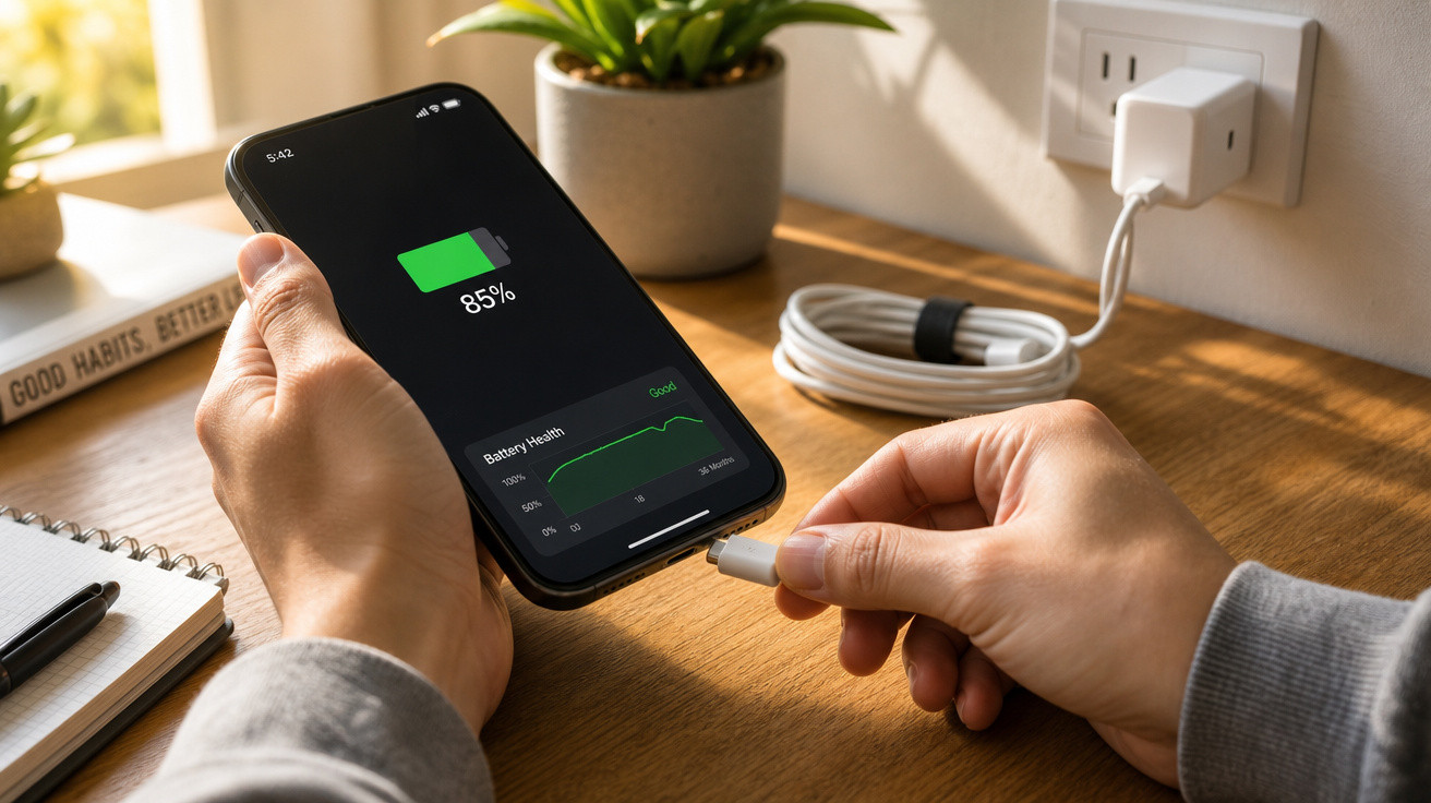 Pessoa a ligar cabo USB num smartphone com bateria a 85% numa mesa de madeira.