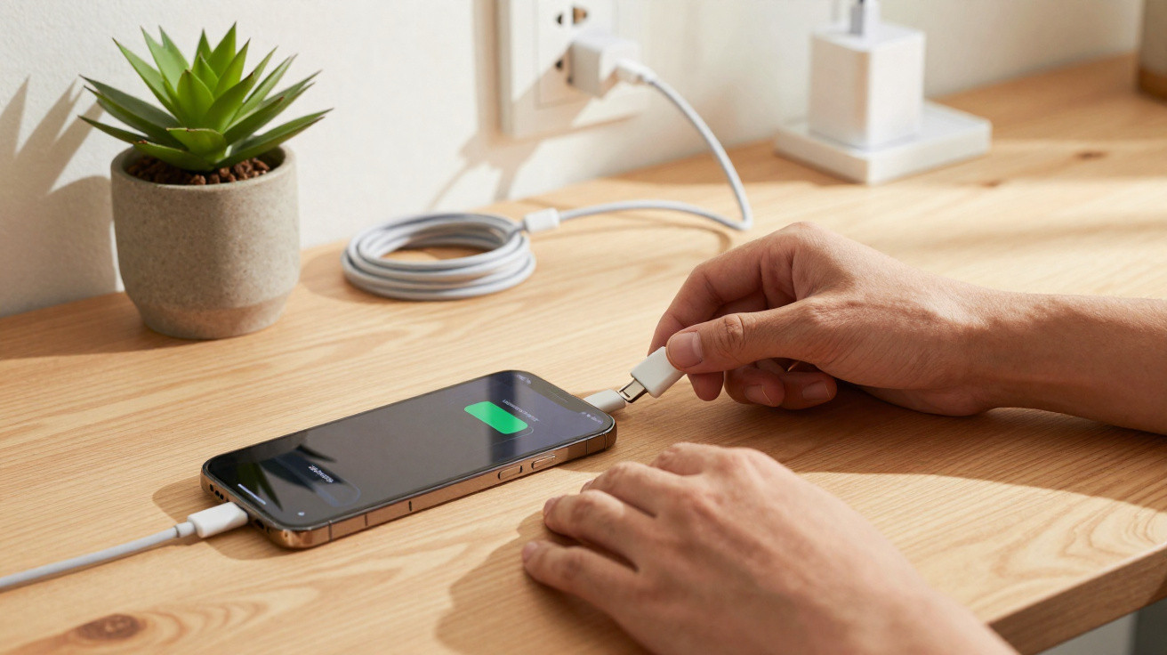 Mãos a ligar cabo para carregar smartphone numa secretária de madeira com planta pequena ao fundo.