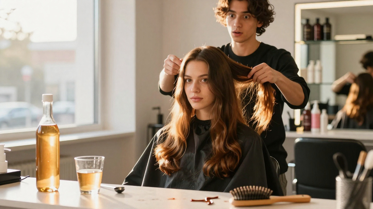 Mulher sentada numa cadeira de cabeleireiro com cabeleireiro a preparar o cabelo para corte numa sala iluminada.