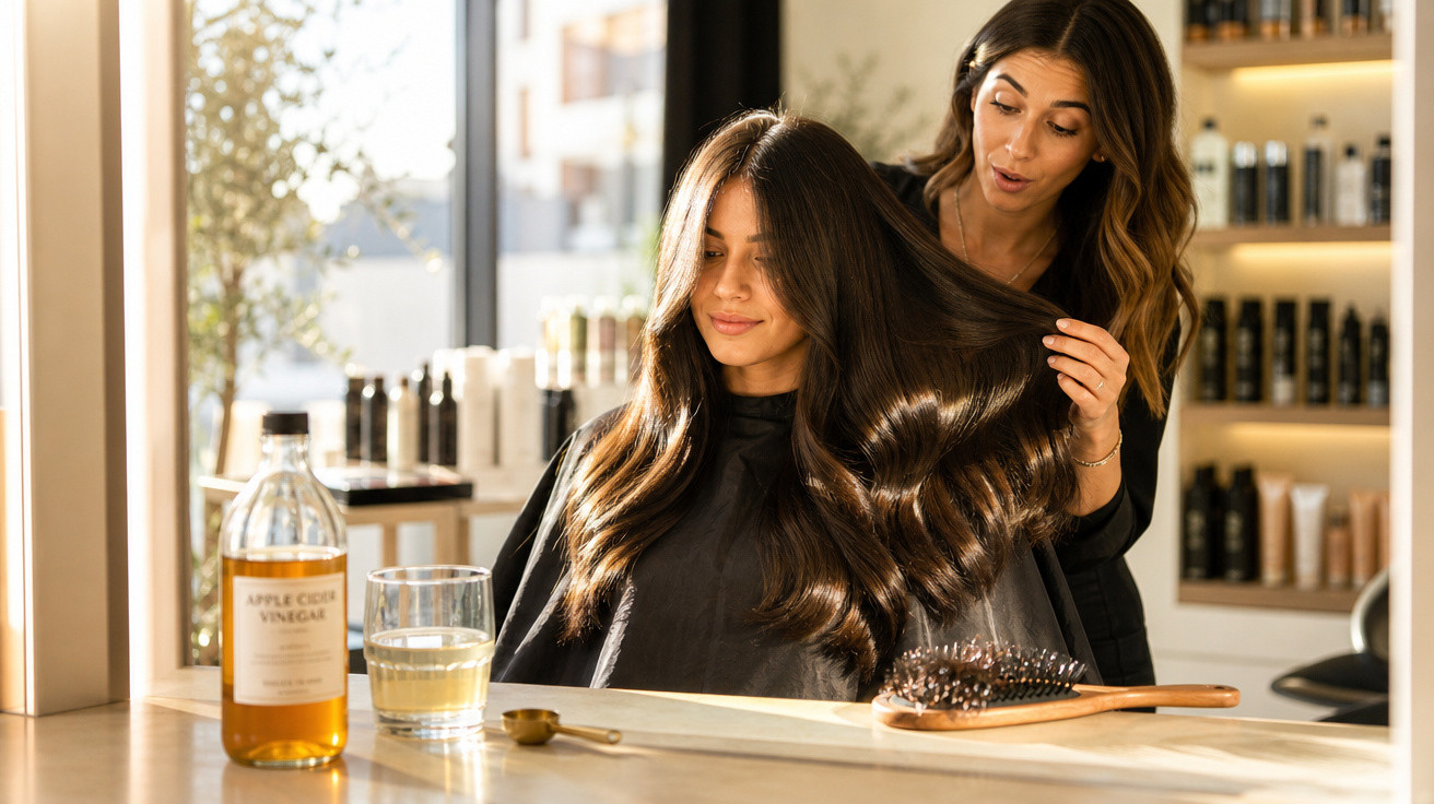 Mulher com cabelo longo e brilhante avaliada por cabeleireira num salão moderno e iluminado.