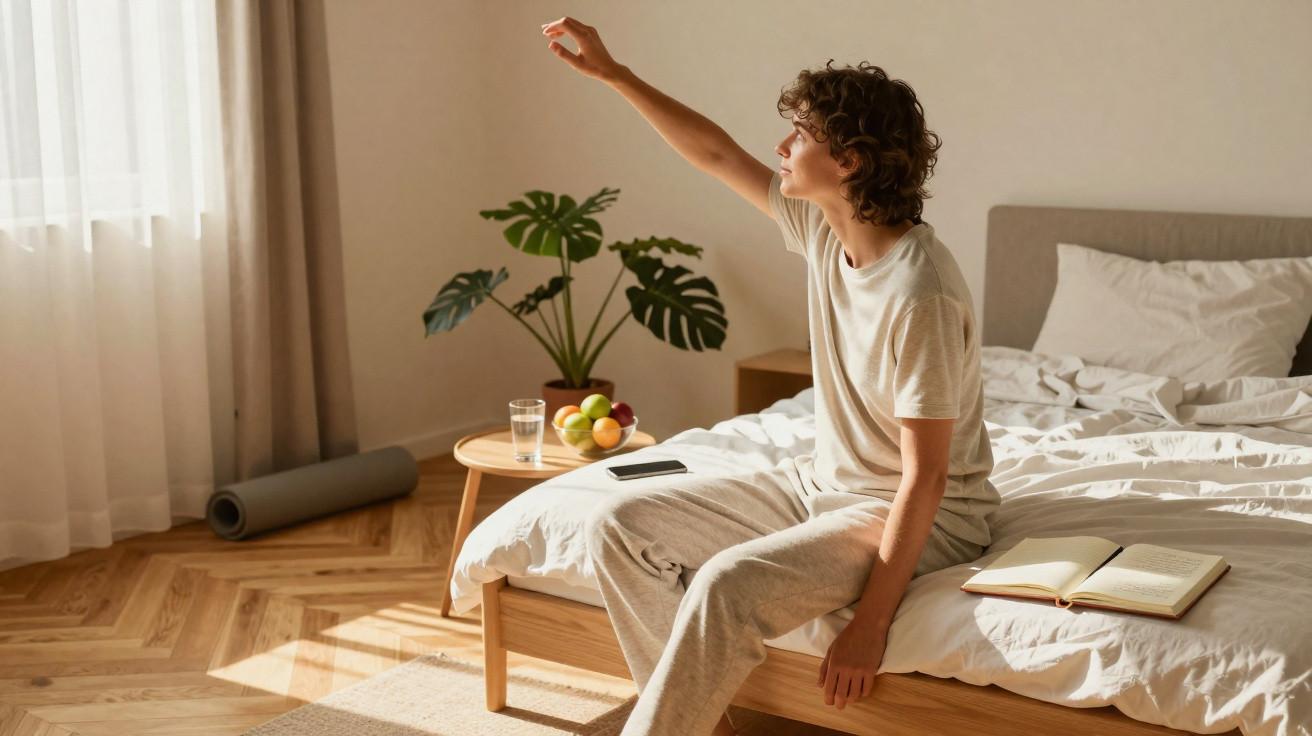 Pessoa sentada na cama a abrir a cortina numa manhã luminosa numa sala acolhedora e minimalista.
