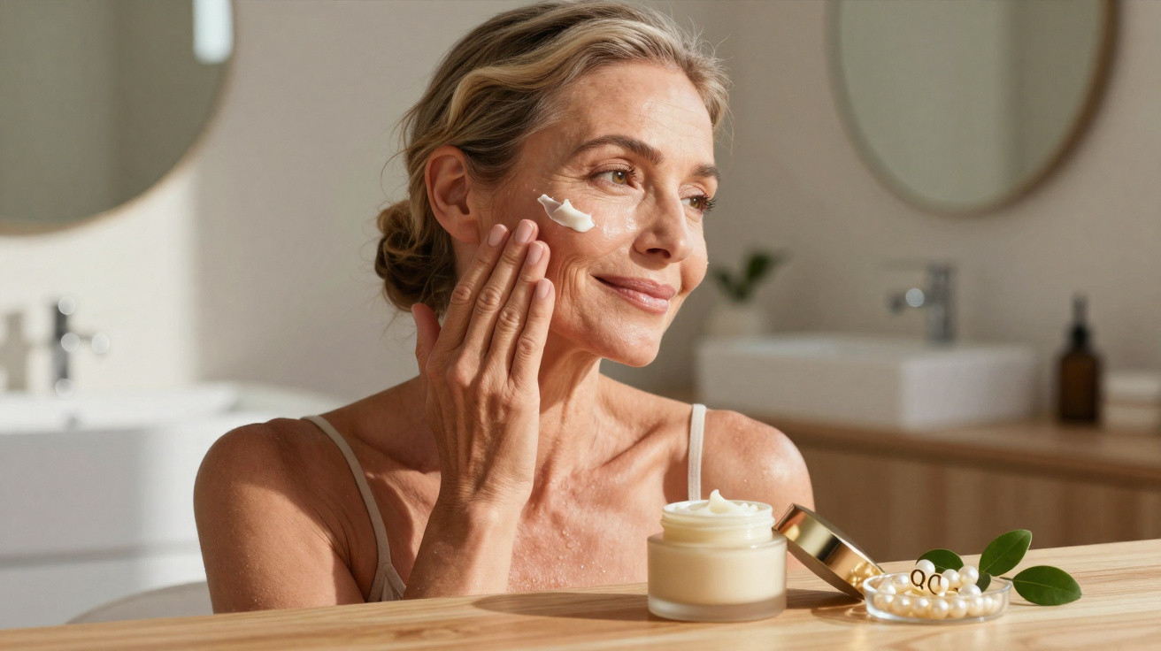 Mulher madura a aplicar creme facial num ambiente de casa de banho moderno e luminoso.