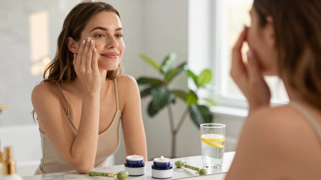 Mulher aplica creme facial olhando-se ao espelho, com frascos e utensílios de cuidado de pele na mesa.