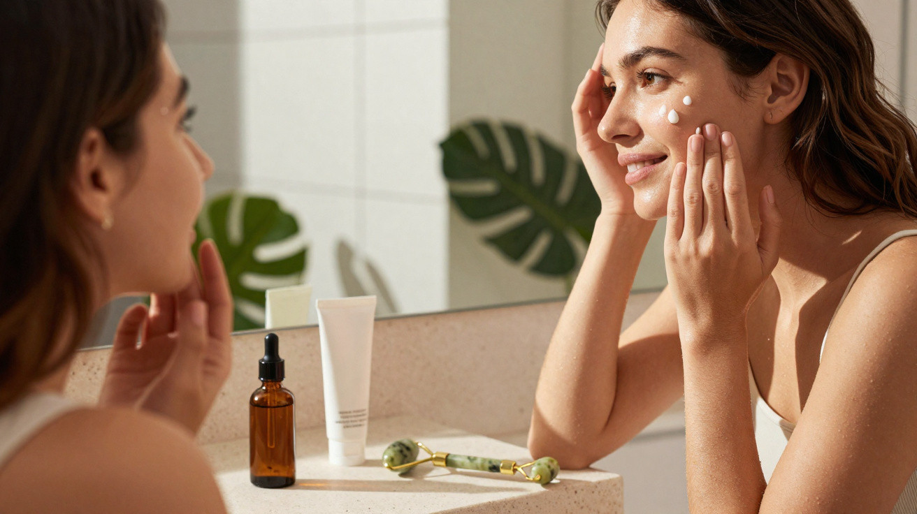 Mulher a aplicar creme facial olhando para o espelho numa casa de banho iluminada.