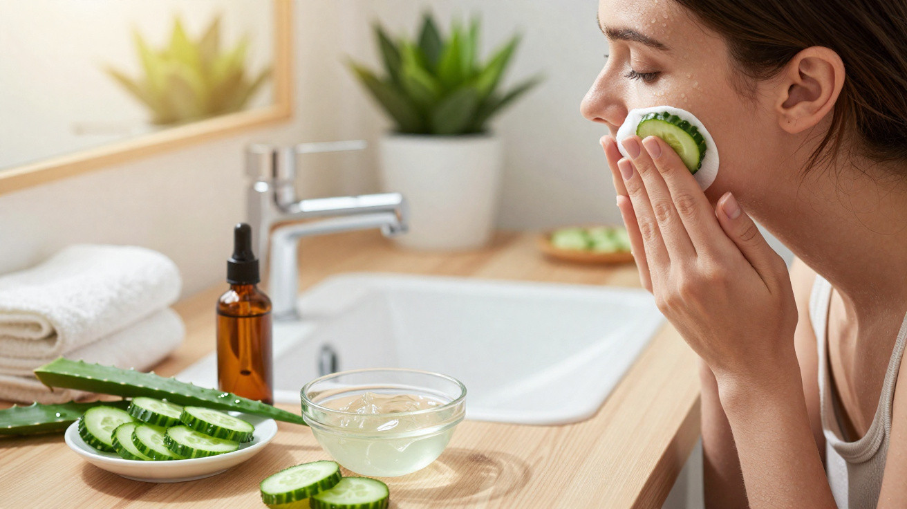 Mulher aplica pepino no rosto sentado junto a casa de banho com produtos naturais sobre a bancada.