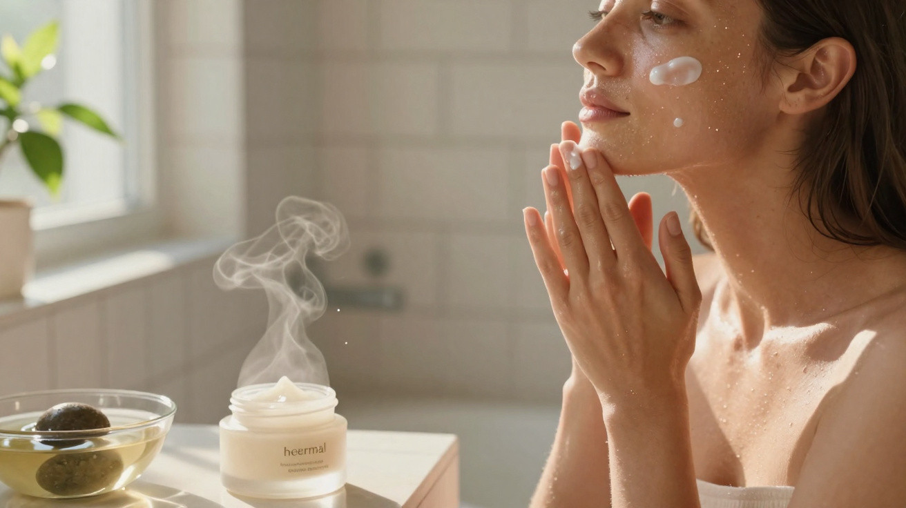 Mulher a aplicar creme facial num ambiente luminoso e tranquilo com vela acesa ao fundo.