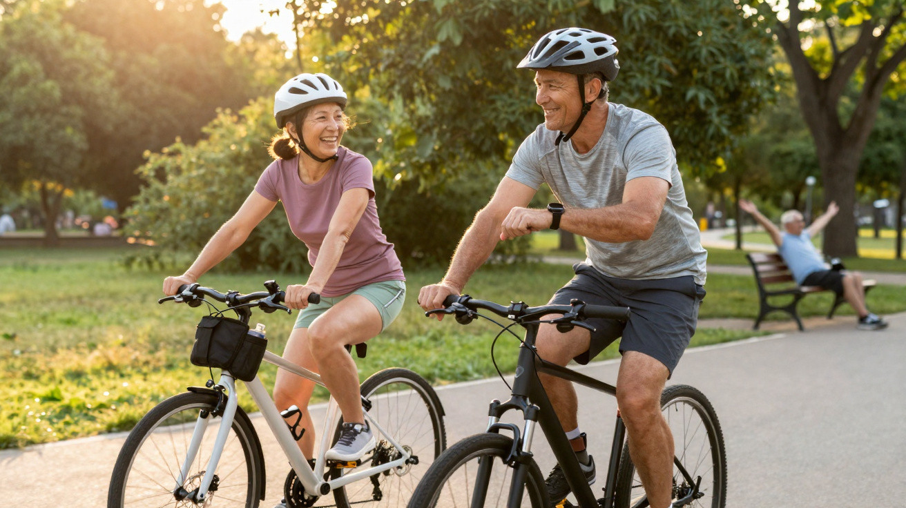 Casal idoso a andar de bicicleta num parque urbano ensolarado, ambos com capacetes e sorridentes.