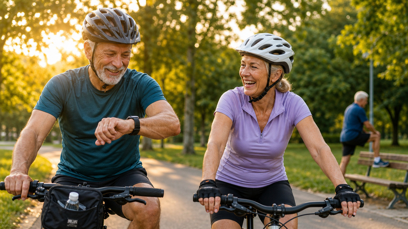 Casal sénior de capacetes a andar de bicicleta num parque ensolarado e sorrindo.