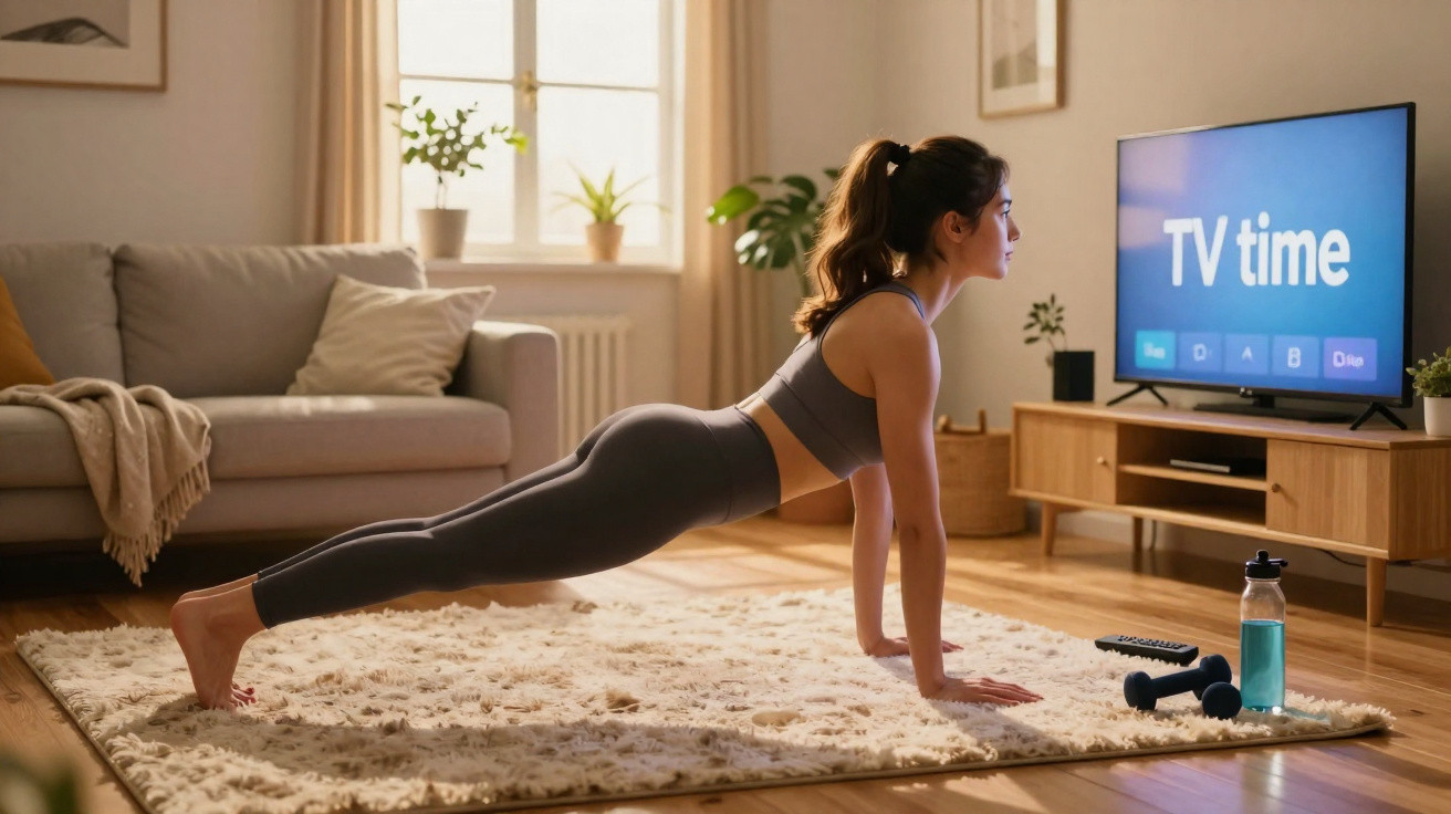 Mulher a fazer exercício de prancha na sala ao ar livre, com televisão ligada e pesos no chão.