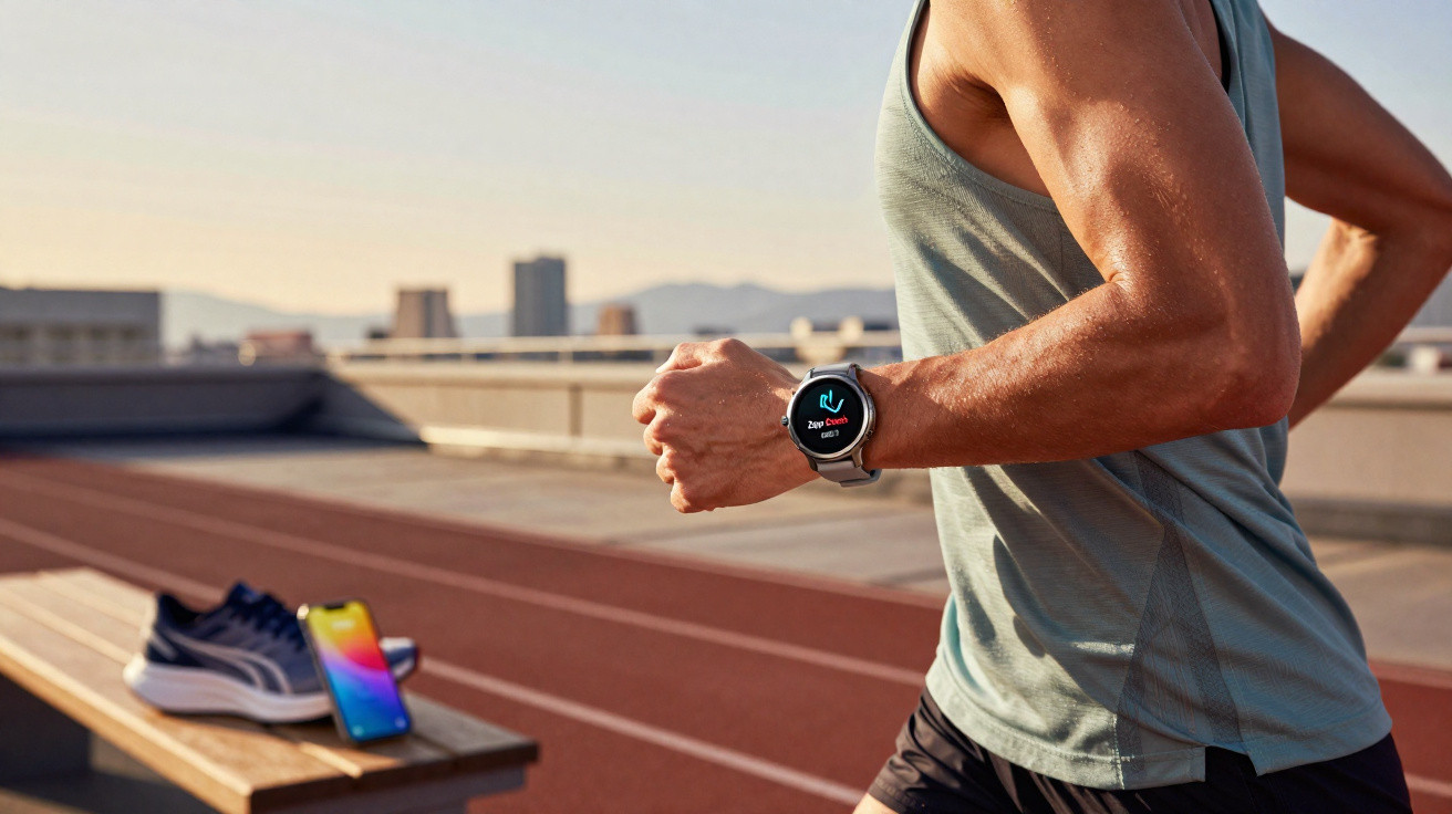 Homem a correr numa pista ao ar livre com smartwatch a mostrar dados de treino no pulso.