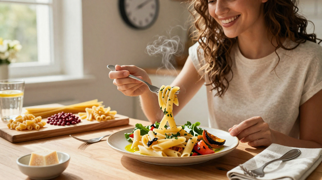Mulher sorridente a comer massa com legumes e ervas numa cozinha iluminada e acolhedora.