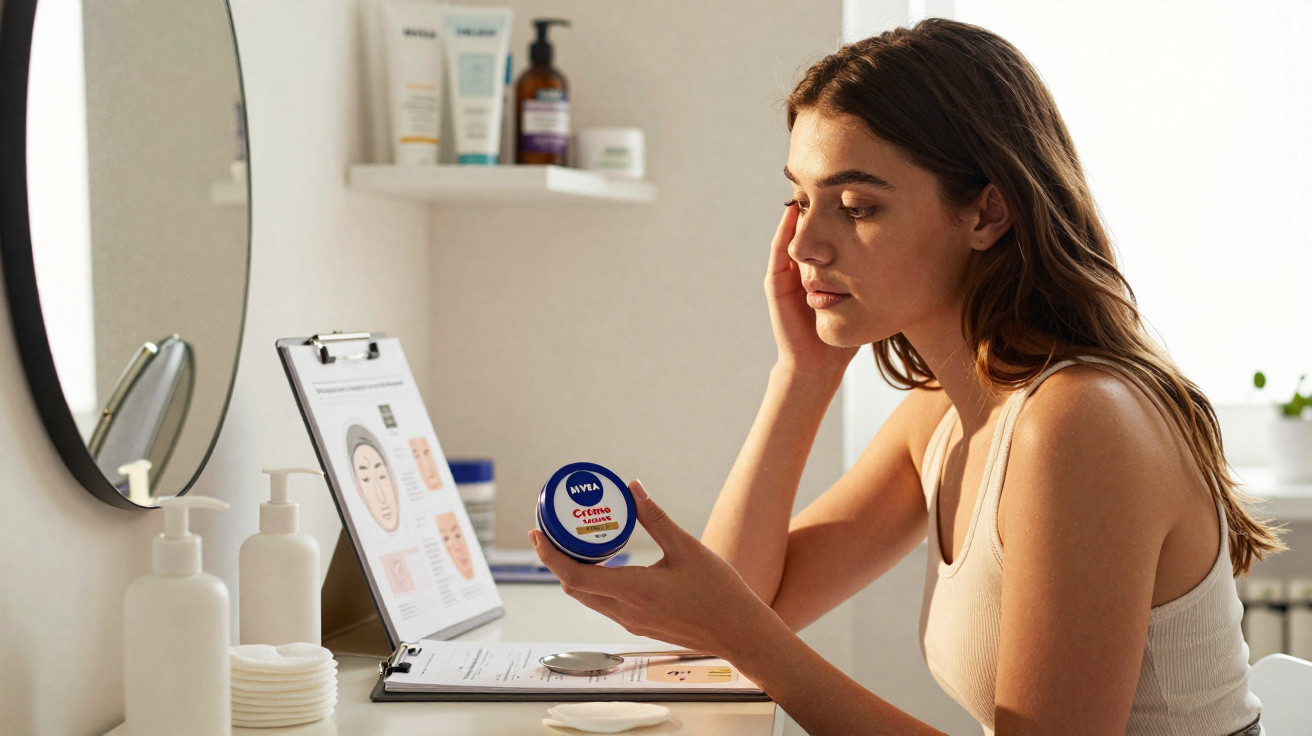 Mulher a aplicar creme facial Nivea, sentada à frente de um espelho num ambiente de casa de banho.