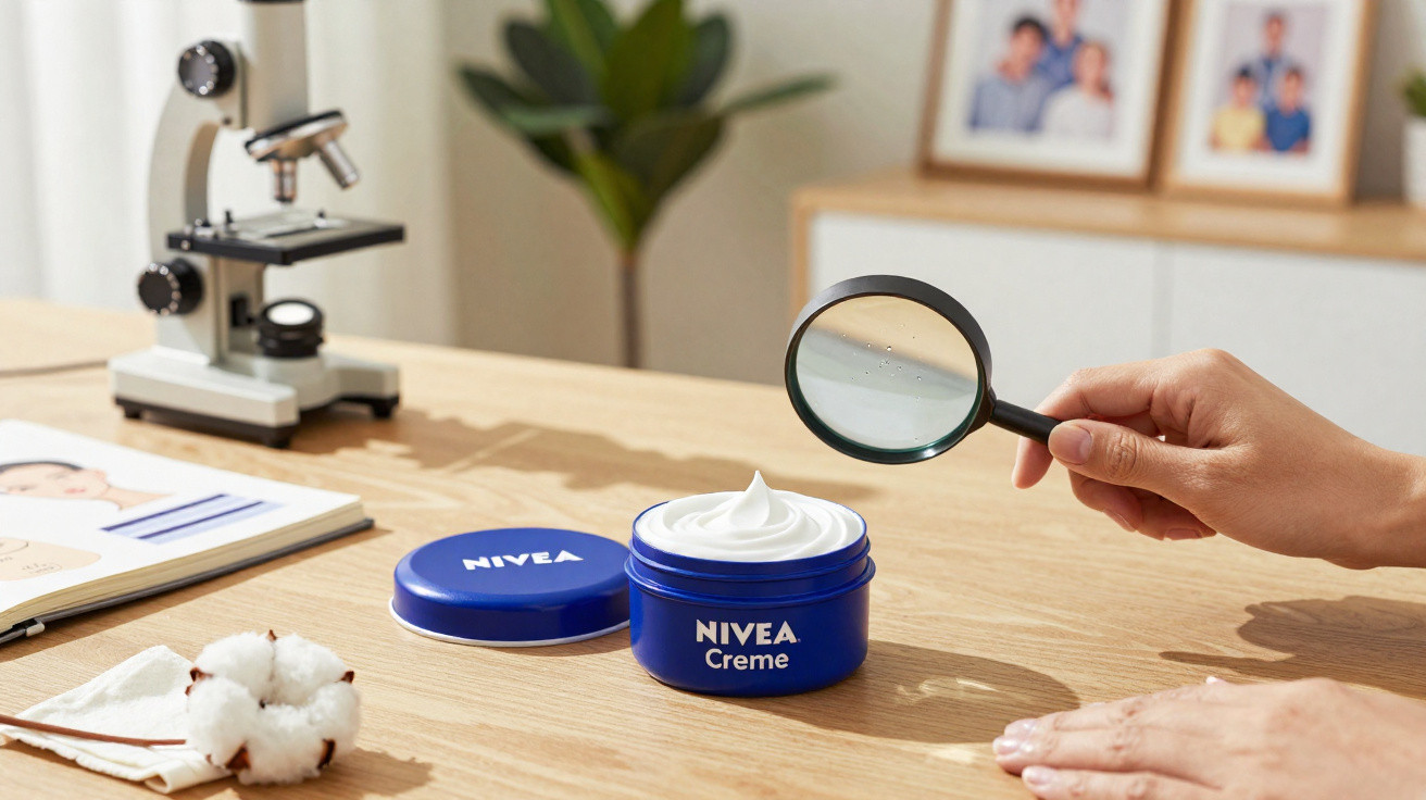 Mão a segurar uma lupa a examinar uma embalagem azul de creme Nivea numa mesa de madeira.