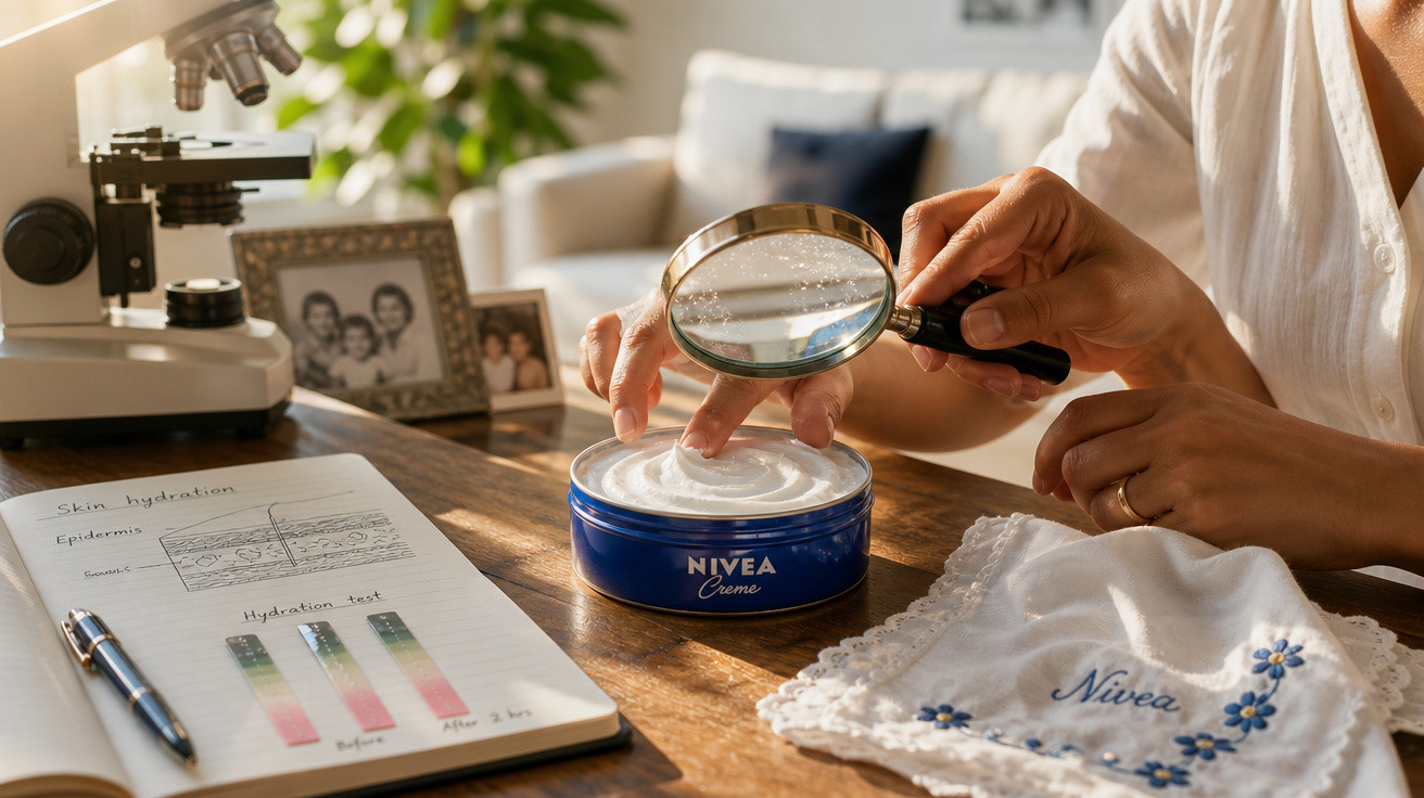 Pessoa a examinar creme Nivea com lupa numa mesa de madeira com caderno e microscópio.