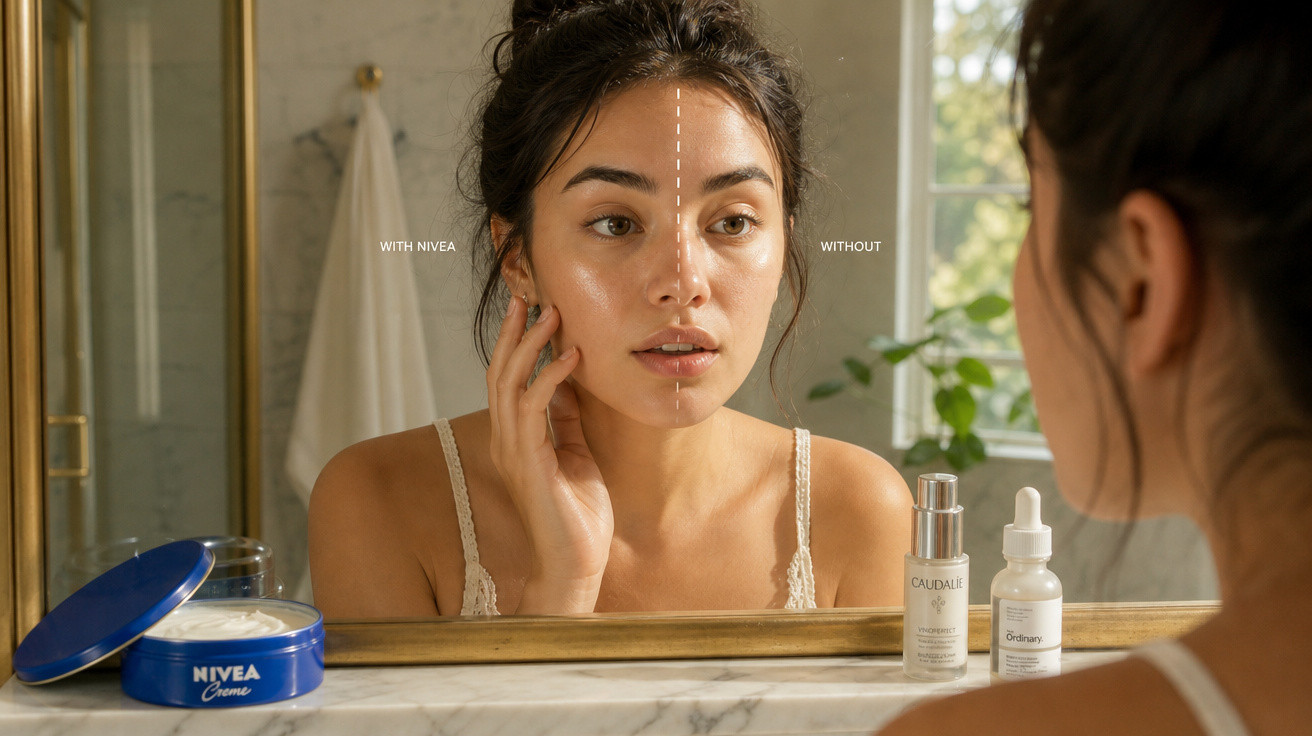 Mulher com metade do rosto tratada com Nivea e a outra sem, olhando para espelho de casa de banho.