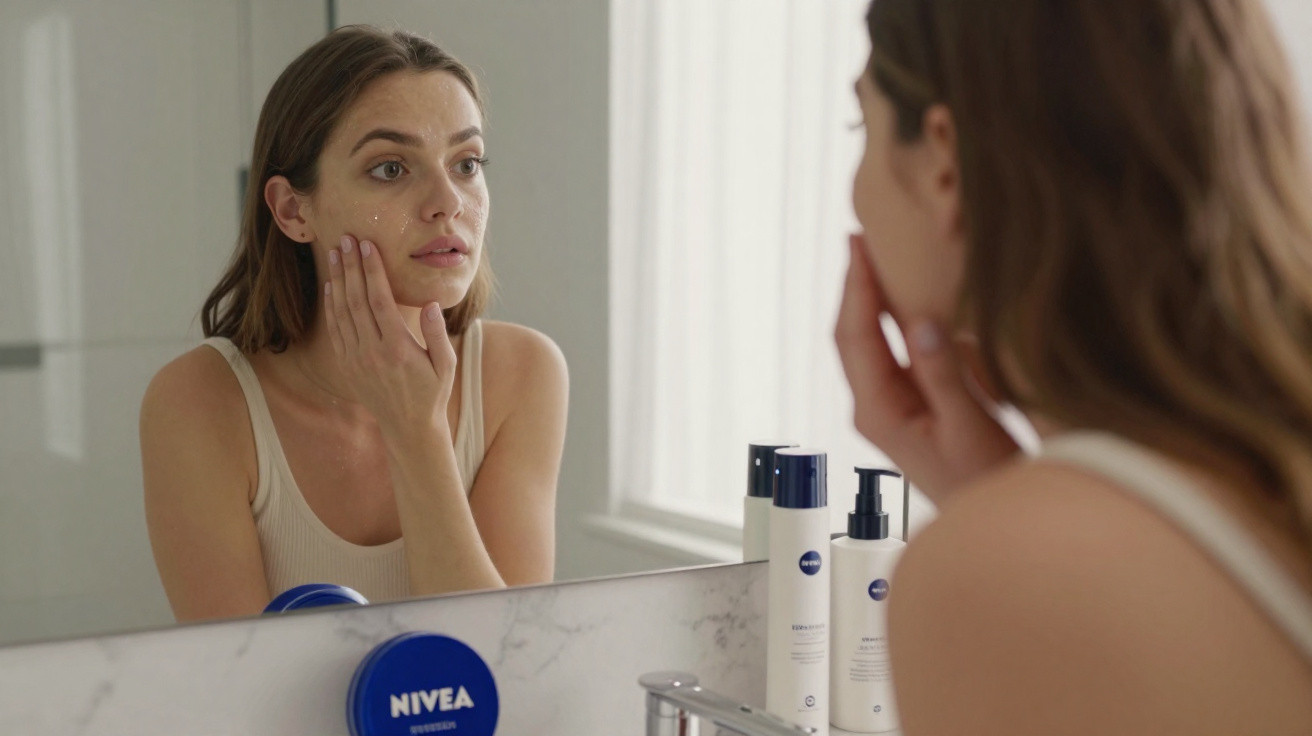 Mulher a aplicar creme facial junto a espelho de casa de banho com produtos Nivea na bancada.