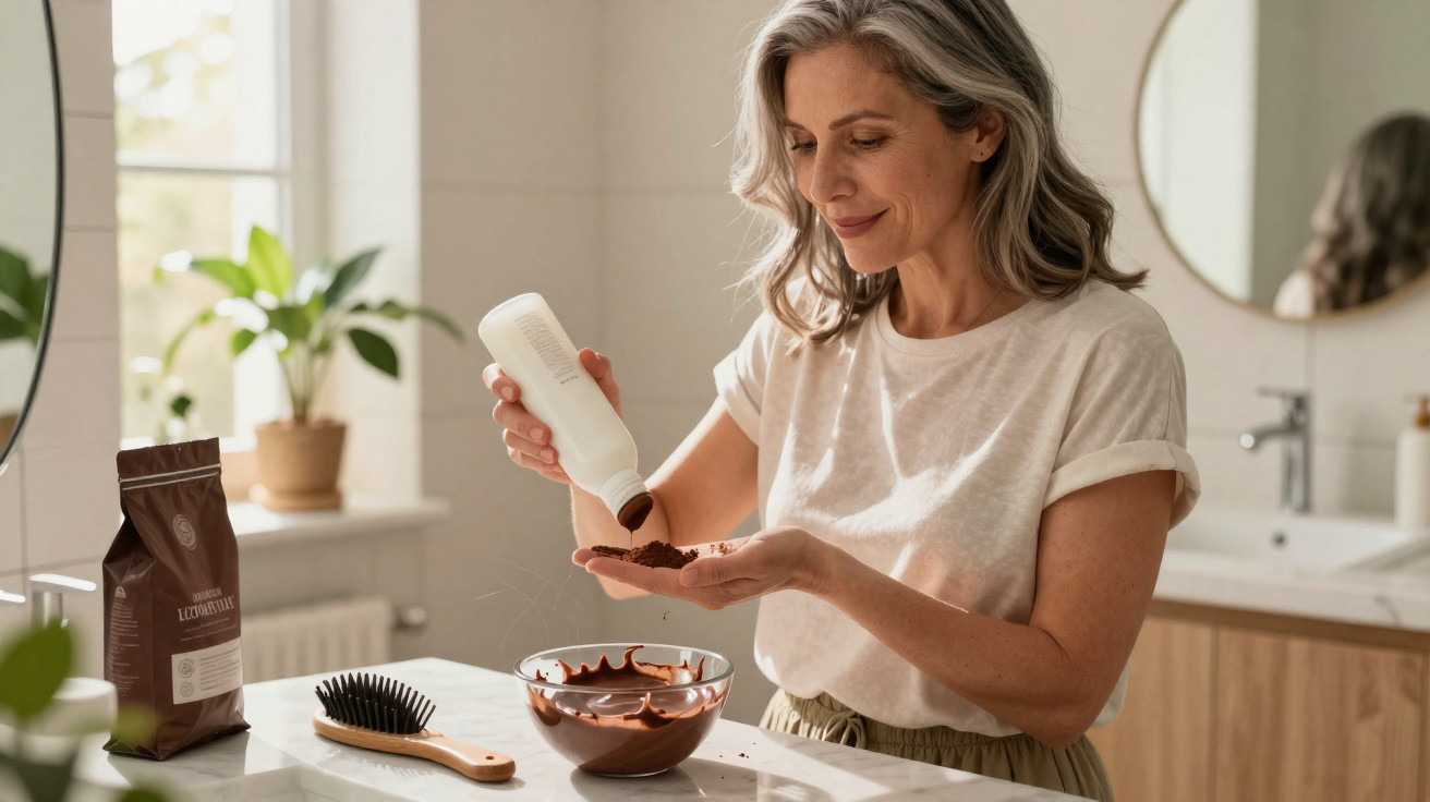 Mulher madura a preparar mistura de chocolate numa cozinha luminosa e moderna com plantas e espelho.
