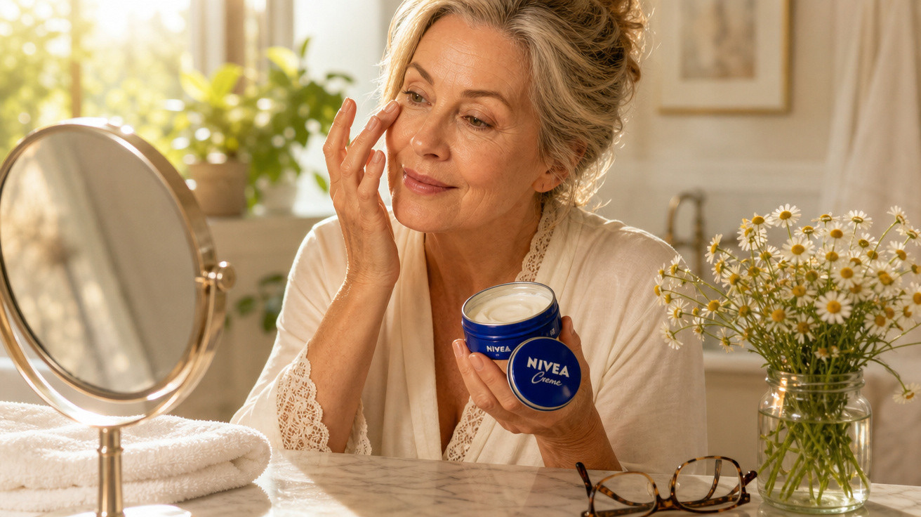 Mulher madura aplica creme Nivea no rosto sentada à frente de um espelho numa casa iluminada.