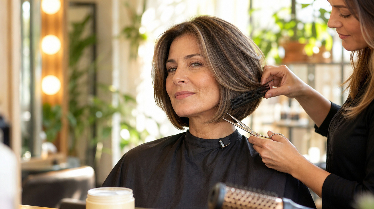 Mulher com cabelo curto a receber corte de cabelo num salão de beleza moderno e iluminado.