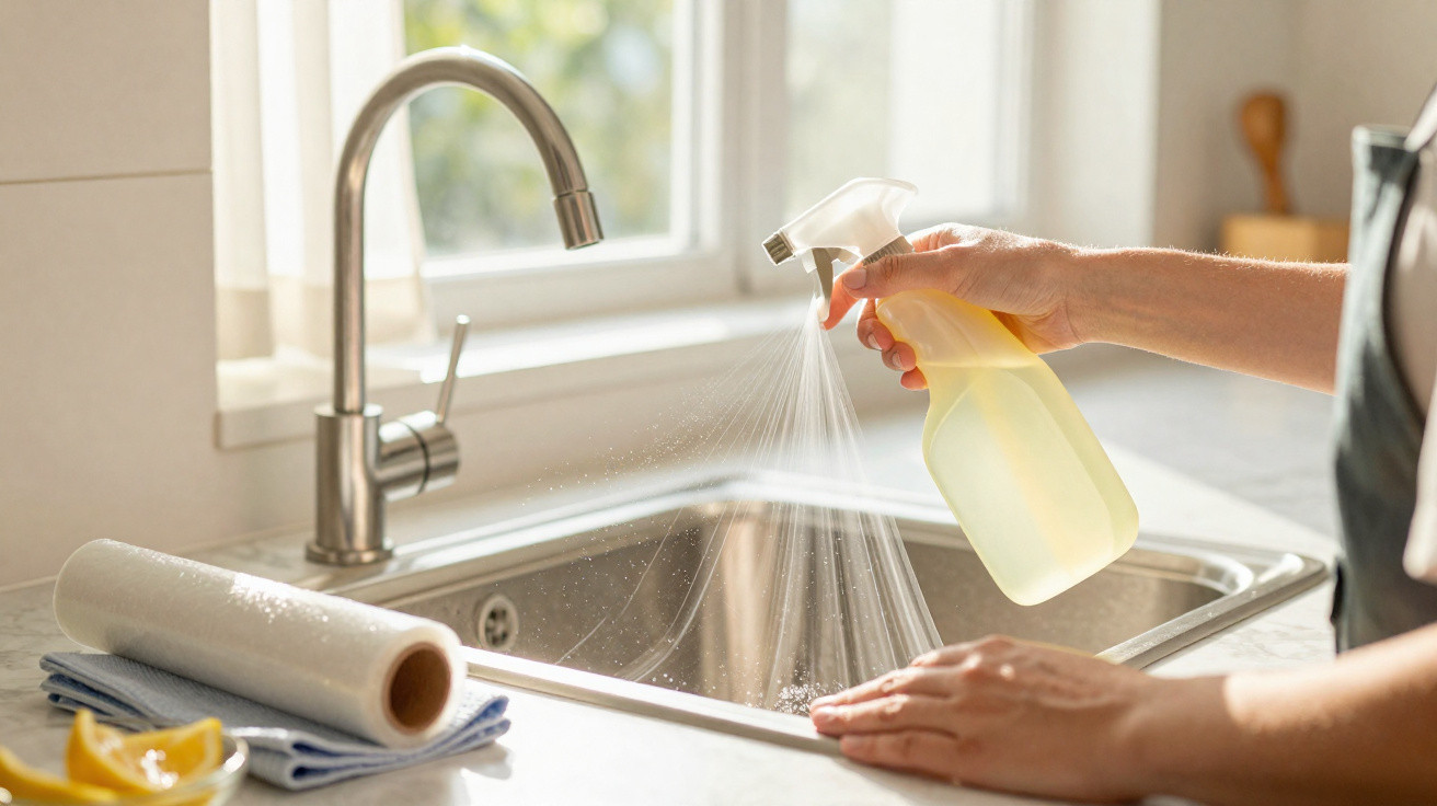 Pessoa a utilizar spray de limpeza no lava-loiças da cozinha com luz natural a entrar pela janela.