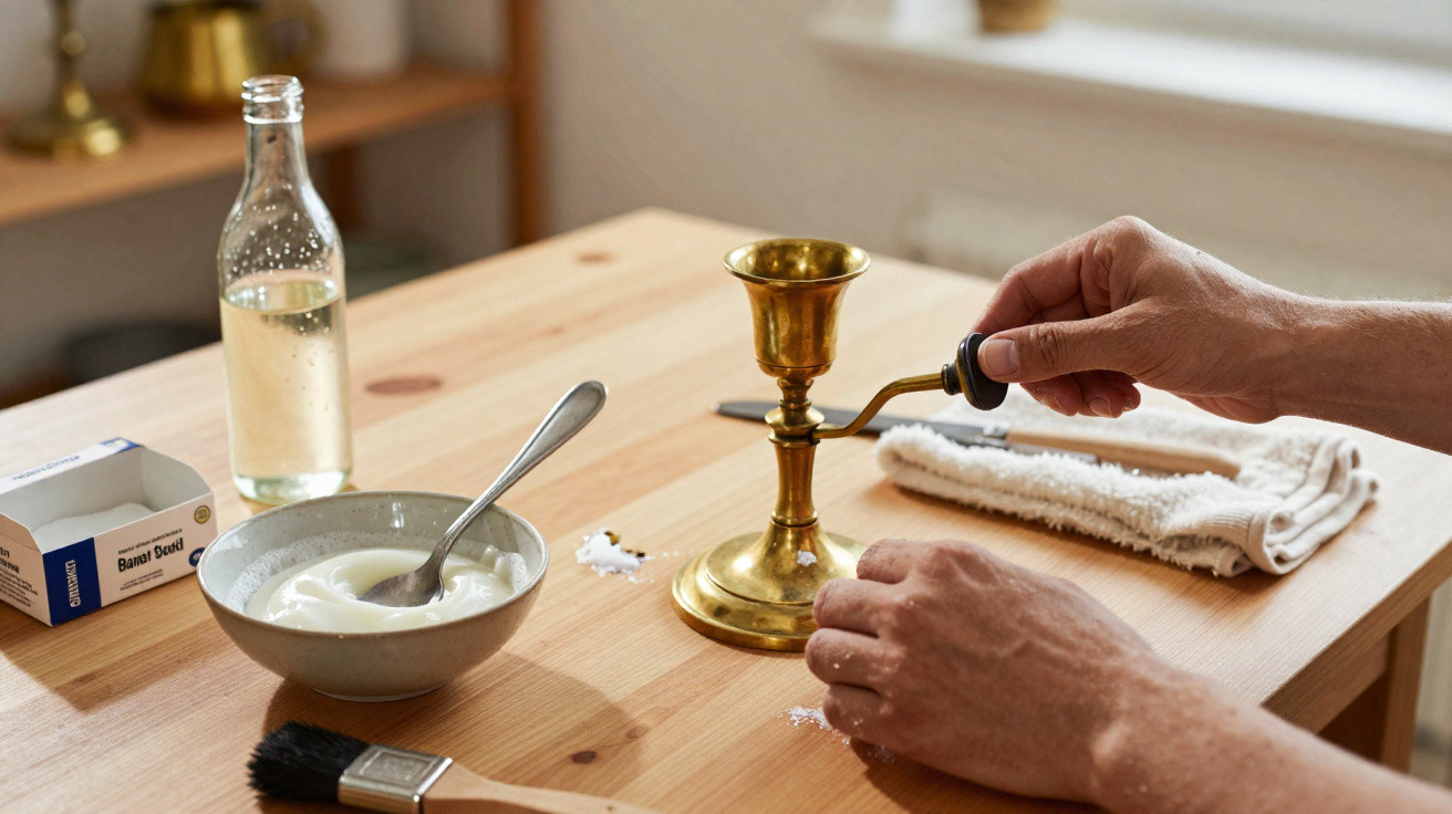 Mãos usando giz em castiçal de metal dourado sobre mesa com tigela, pincel, toalha e garrafa.