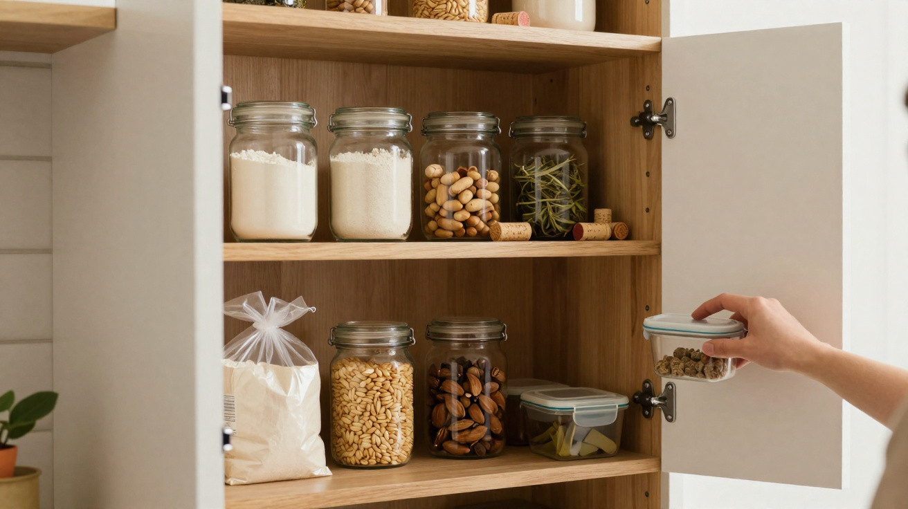 Mão a colocar recipiente com nozes em armário de cozinha com frascos e sacos de alimentos variados.