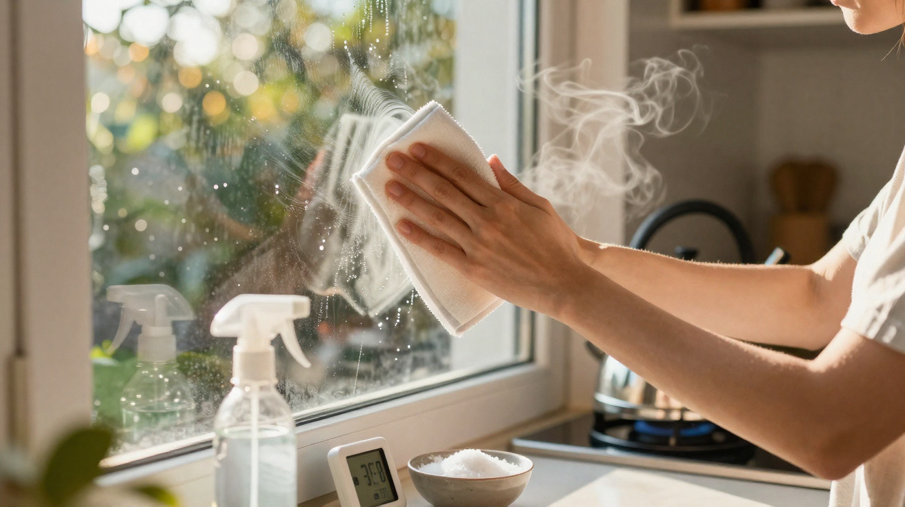 Pessoa a limpar janela da cozinha com pano branco, spray de limpeza e luz natural ao fundo.