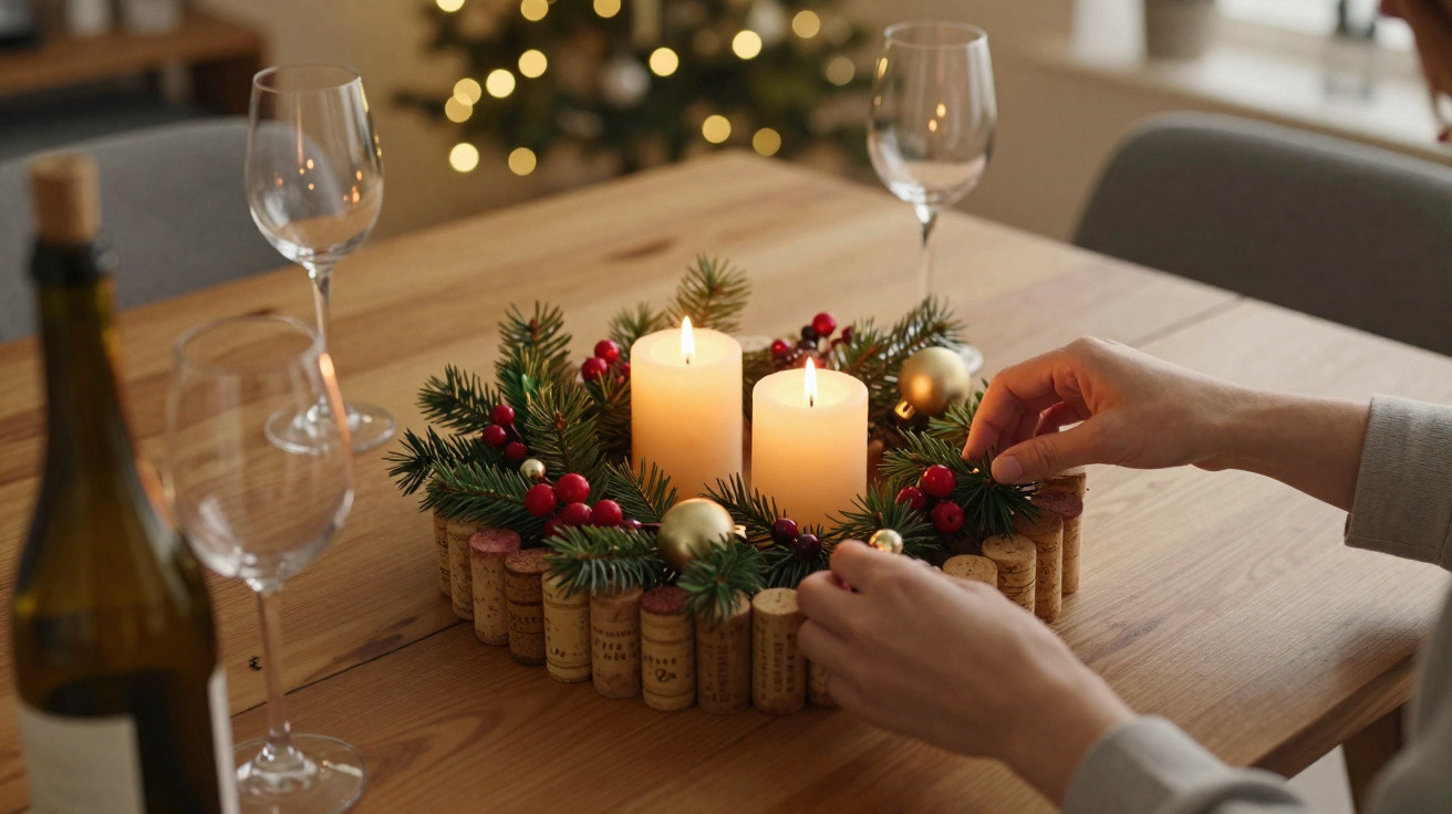 Mãos decorando centro de mesa natalício com velas acesas, rolhas, ramos de pinheiro e bolas douradas.