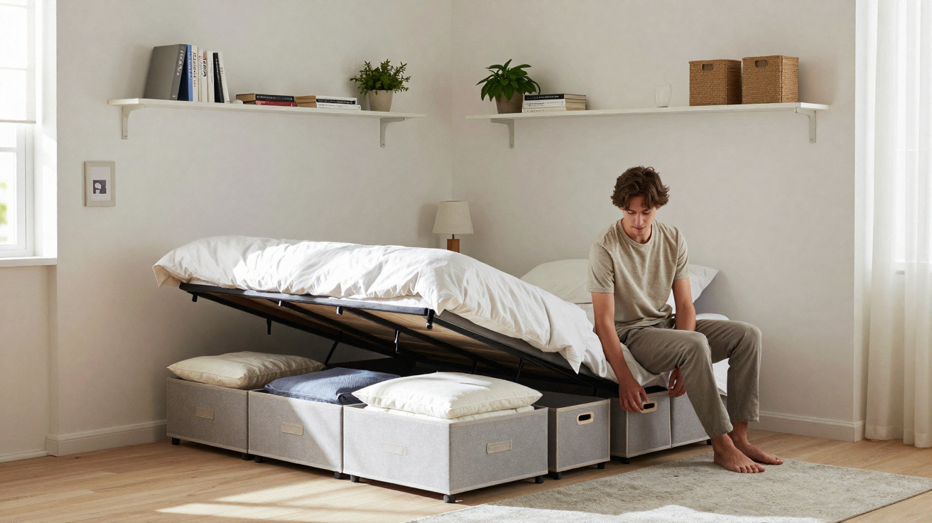 Quarto minimalista com cama elevatória aberta e jovem sentado ao lado, aproveitando espaço de arrumação em caixas.
