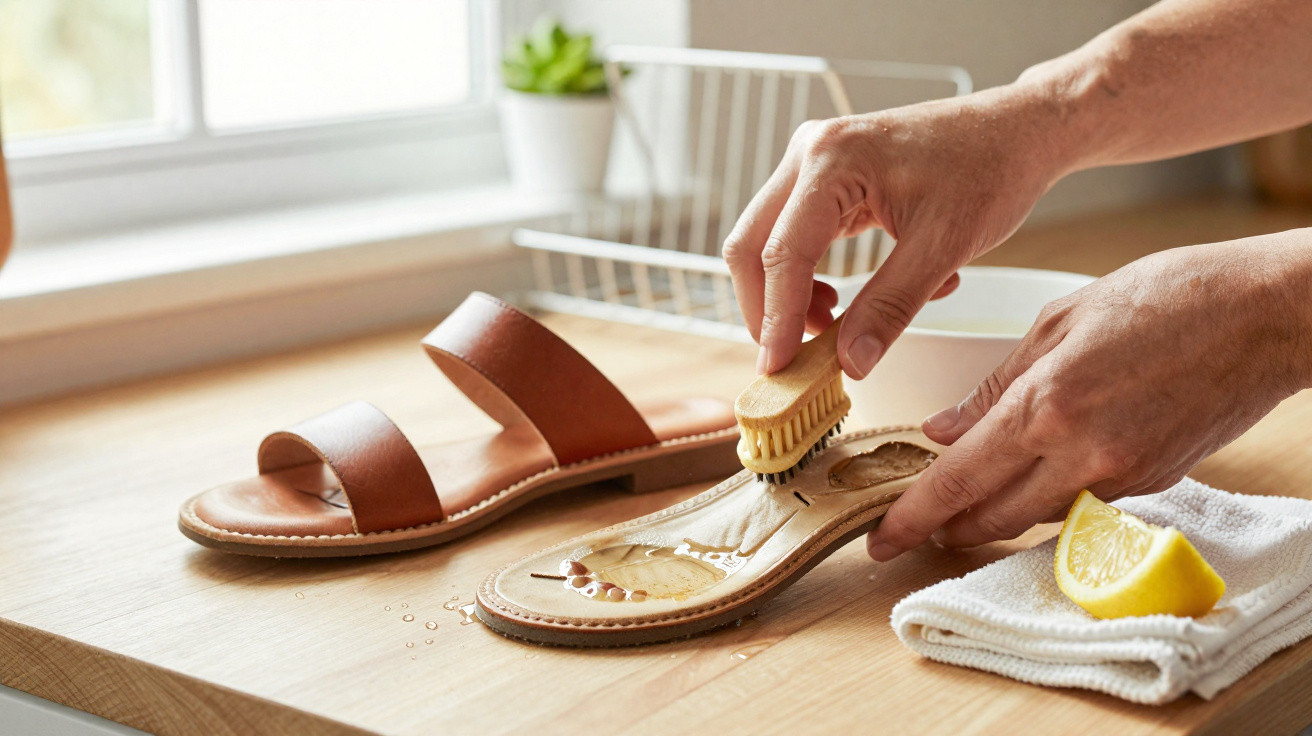 Pessoa a limpar a sola de uma sandália castanha com escova e limão numa mesa perto de janela.