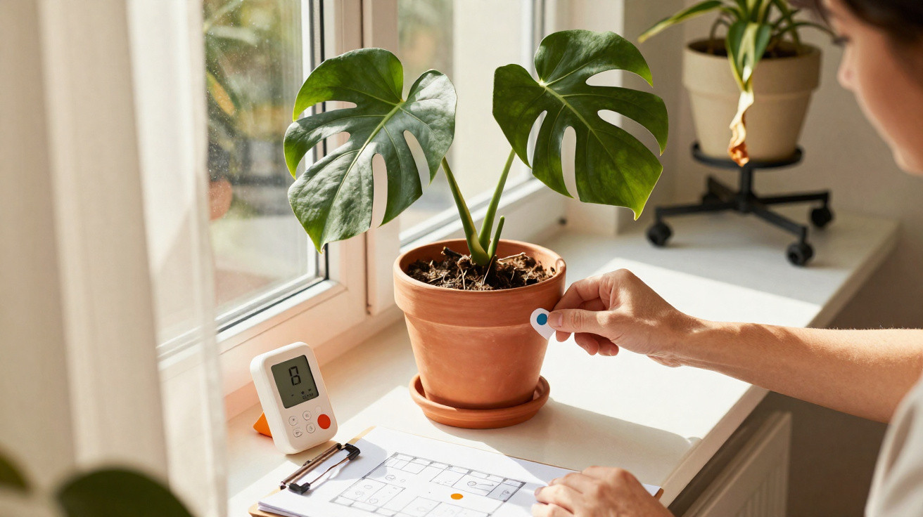 Pessoa a medir a humidade da terra de uma planta numa janela iluminada com aparelho digital e planta em vaso de barro.